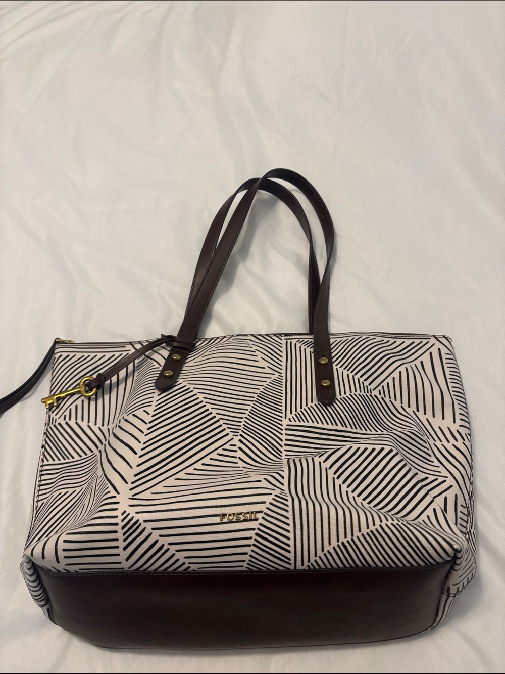 VTG Fossil Rachel Tote Black & White Geometric Tote Bag Medium size work bag